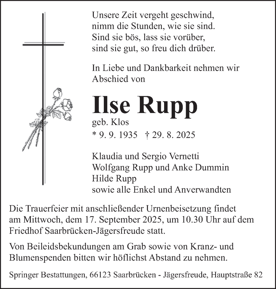  Traueranzeige für Ilse Rupp vom 06.09.2025 aus saarbruecker_zeitung