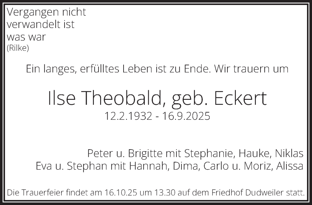  Traueranzeige für Ilse Theobald vom 24.09.2025 aus saarbruecker_zeitung