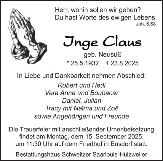 Traueranzeige von Inge Claus von saarbruecker_zeitung