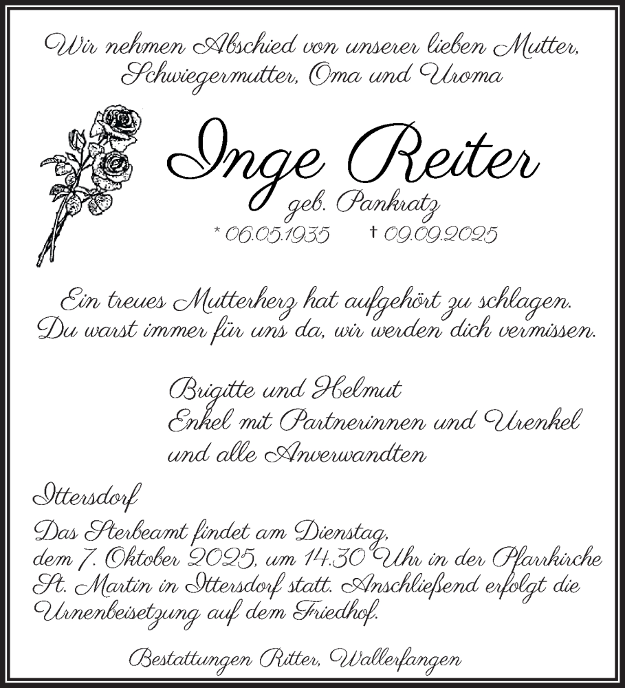  Traueranzeige für Inge Reiter vom 27.09.2025 aus saarbruecker_zeitung