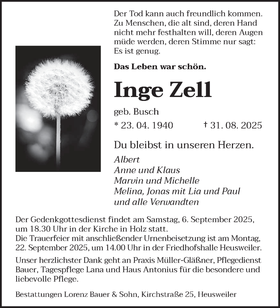  Traueranzeige für Inge Zell vom 06.09.2025 aus saarbruecker_zeitung