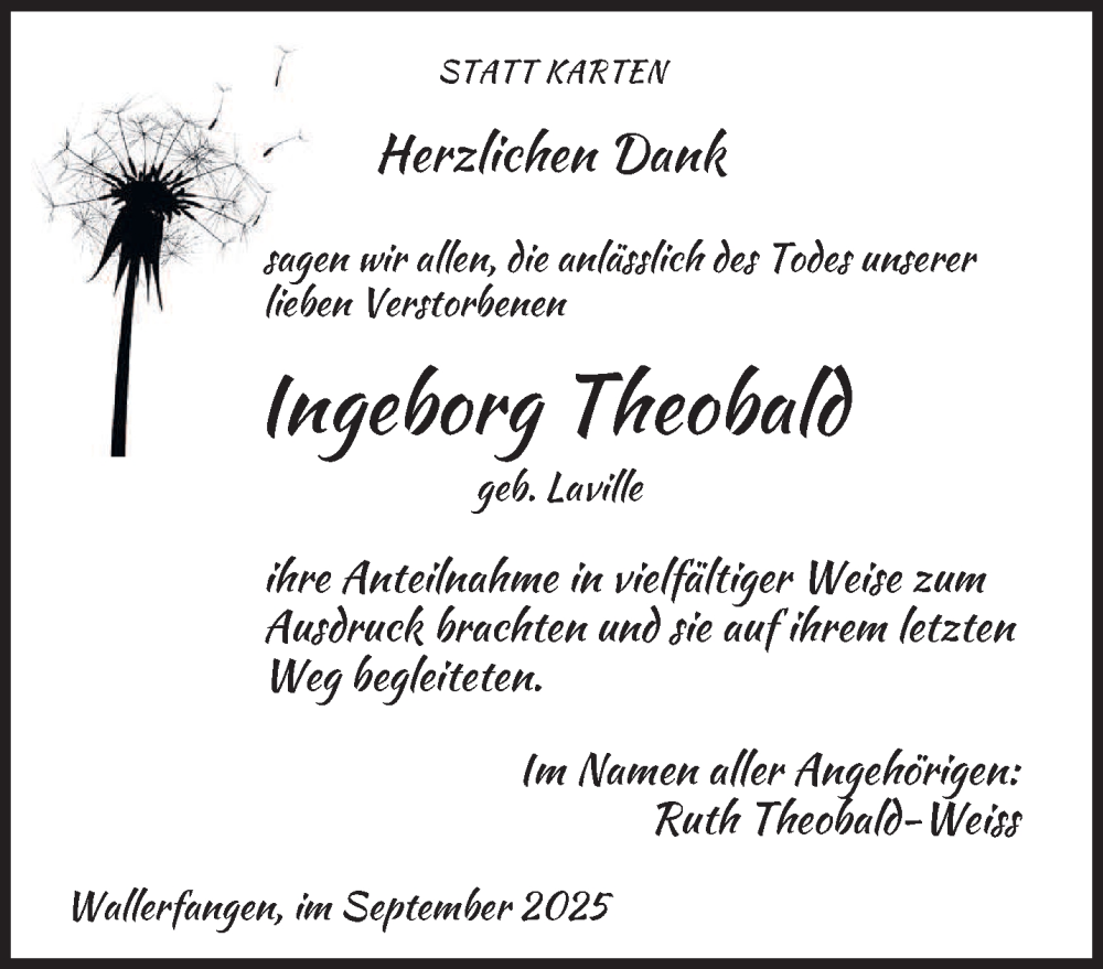  Traueranzeige für Ingeborg Theobald vom 13.09.2025 aus saarbruecker_zeitung