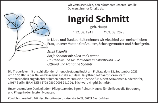 Traueranzeige von Ingrid Schmitt von saarbruecker_zeitung