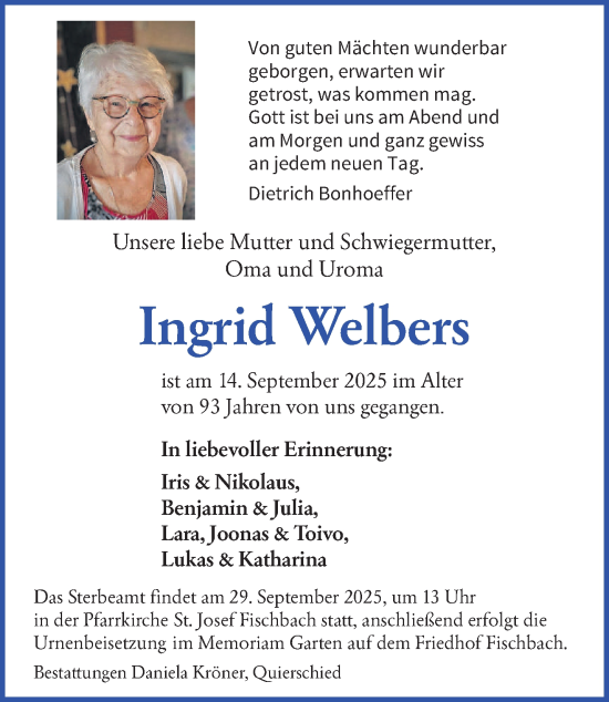 Traueranzeige von Ingrid Welbers von saarbruecker_zeitung