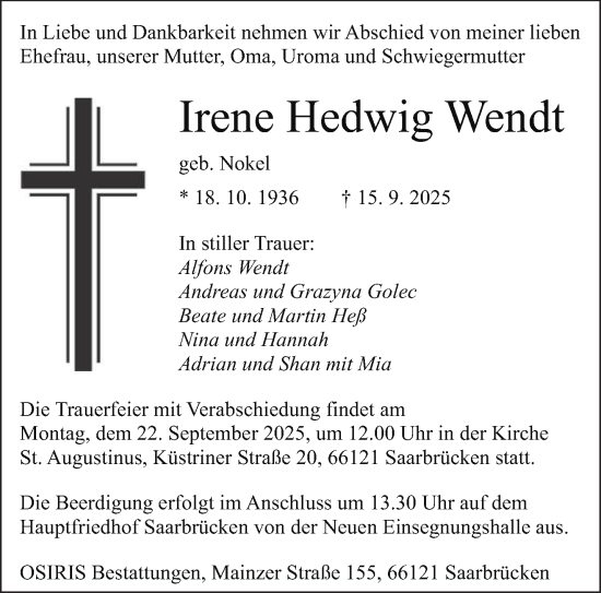 Traueranzeige von Irene Hedwig Wendt von saarbruecker_zeitung