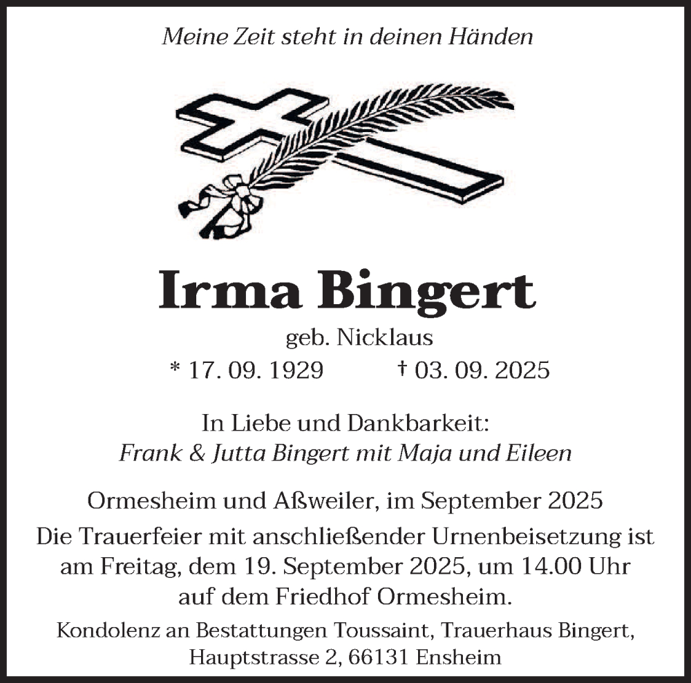  Traueranzeige für Irma Bingert vom 13.09.2025 aus saarbruecker_zeitung
