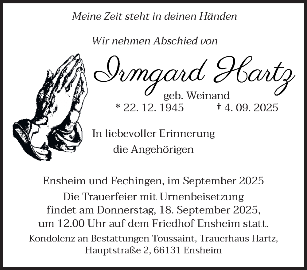  Traueranzeige für Irmgard Hartz vom 13.09.2025 aus saarbruecker_zeitung