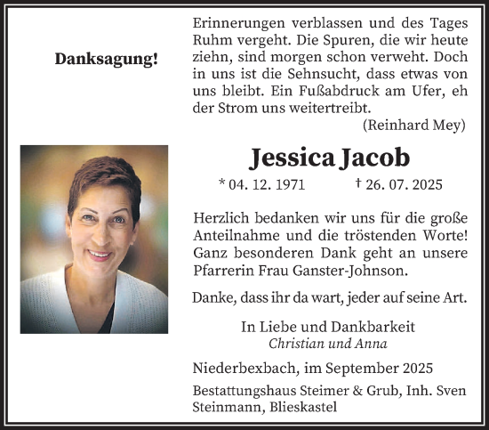 Traueranzeige von Jessica Jacob von saarbruecker_zeitung