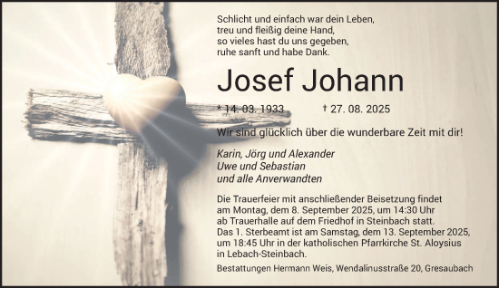 Traueranzeige von Josef Johann von saarbruecker_zeitung