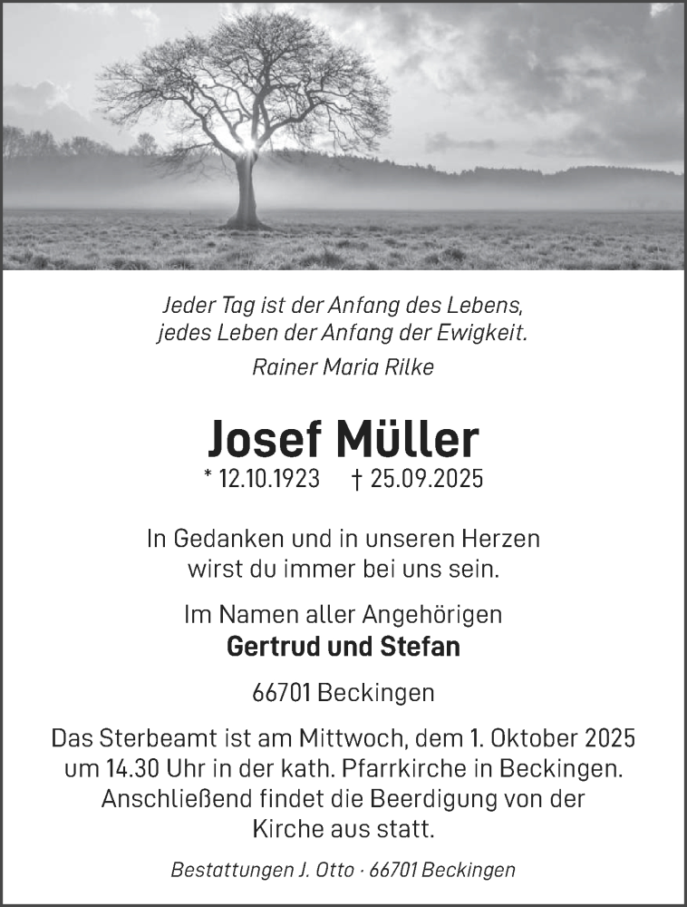  Traueranzeige für Josef Müller vom 27.09.2025 aus saarbruecker_zeitung