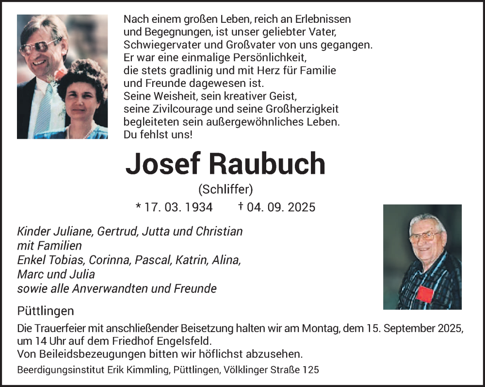  Traueranzeige für Josef Raubuch vom 13.09.2025 aus saarbruecker_zeitung