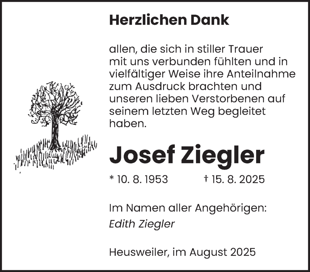  Traueranzeige für Josef Ziegler vom 06.09.2025 aus saarbruecker_zeitung