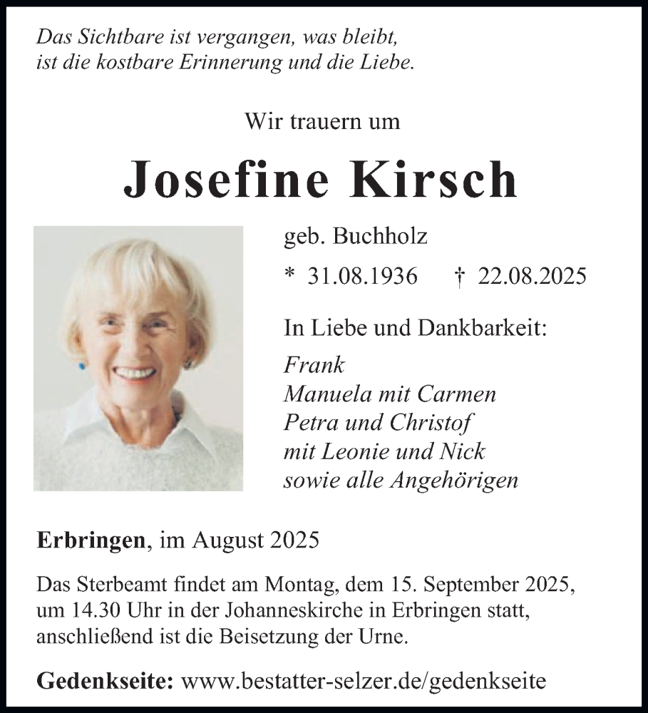  Traueranzeige für Josefine Kirsch vom 30.08.2025 aus saarbruecker_zeitung