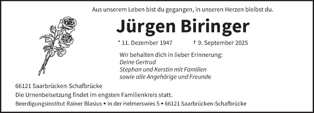  Traueranzeige für Jürgen Biringer vom 20.09.2025 aus saarbruecker_zeitung