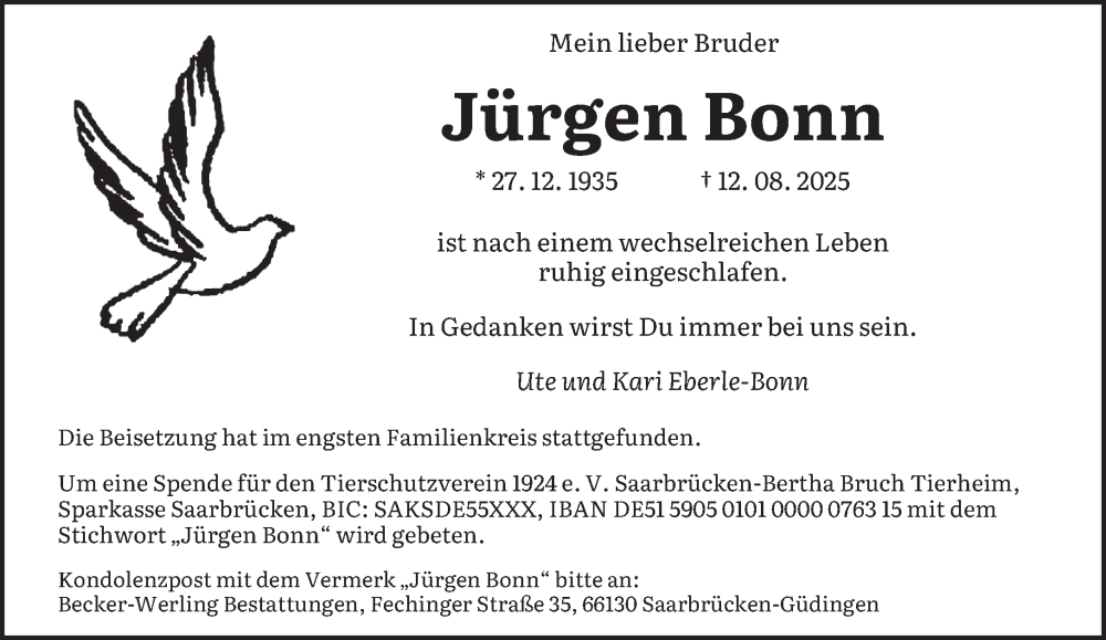 Traueranzeige für Jürgen Bonn vom 30.08.2025 aus saarbruecker_zeitung