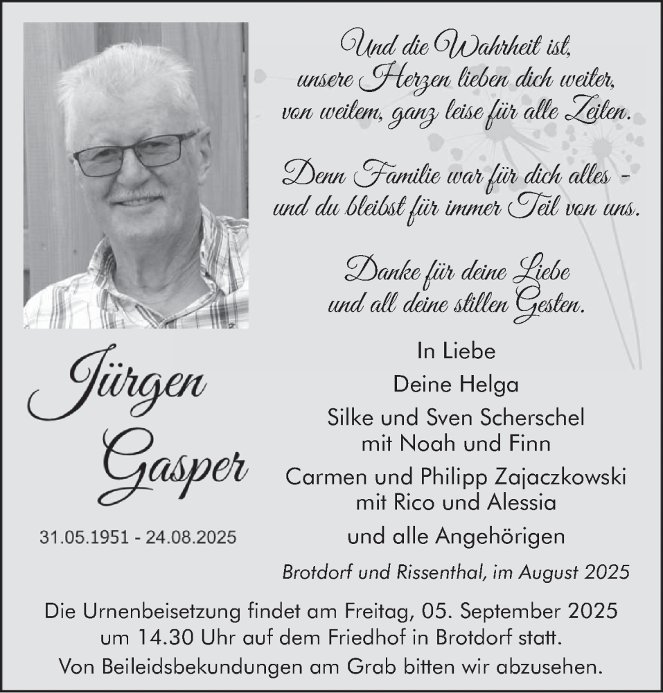  Traueranzeige für Jürgen Gasper vom 30.08.2025 aus saarbruecker_zeitung
