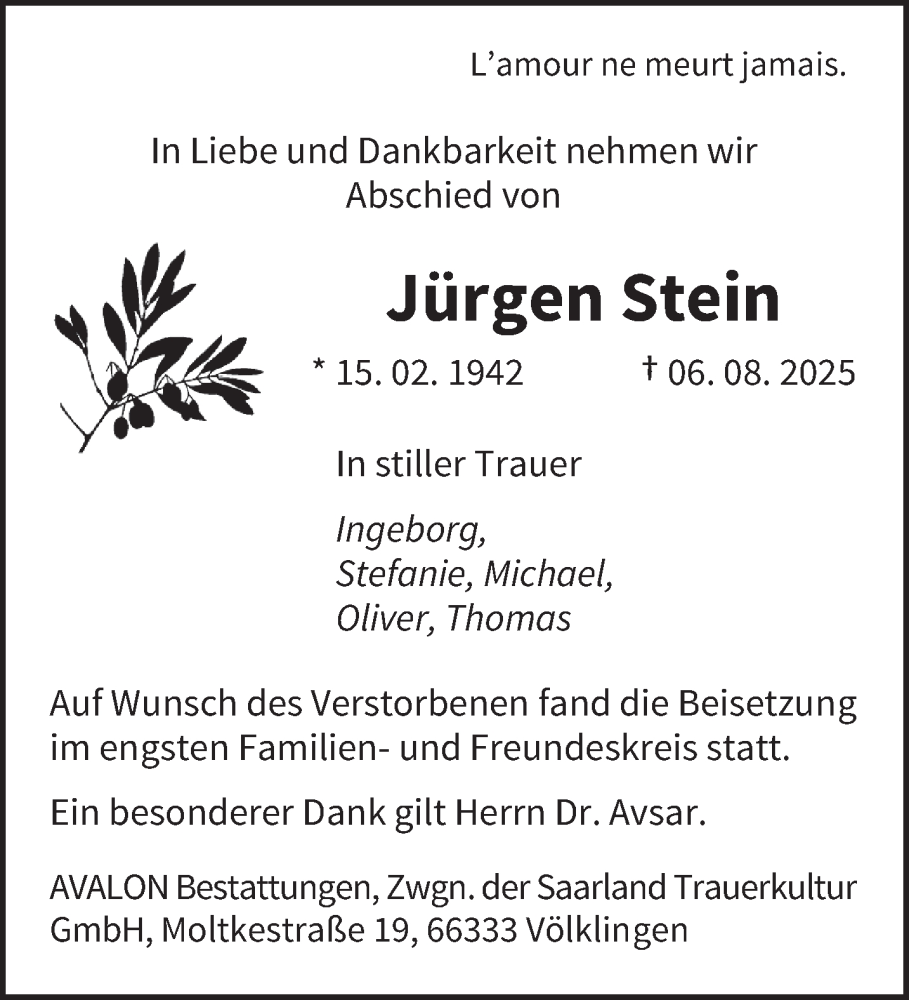  Traueranzeige für Jürgen Stein vom 13.09.2025 aus saarbruecker_zeitung
