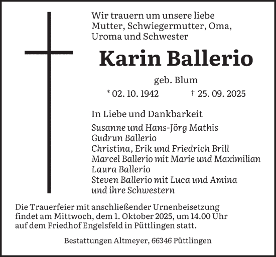 Traueranzeige von Karin Ballerio von saarbruecker_zeitung