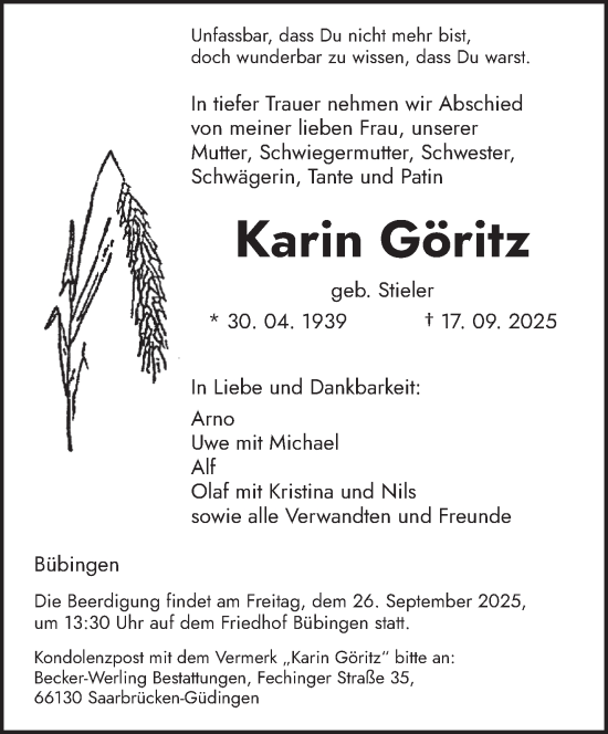 Traueranzeige von Karin Göritz von saarbruecker_zeitung