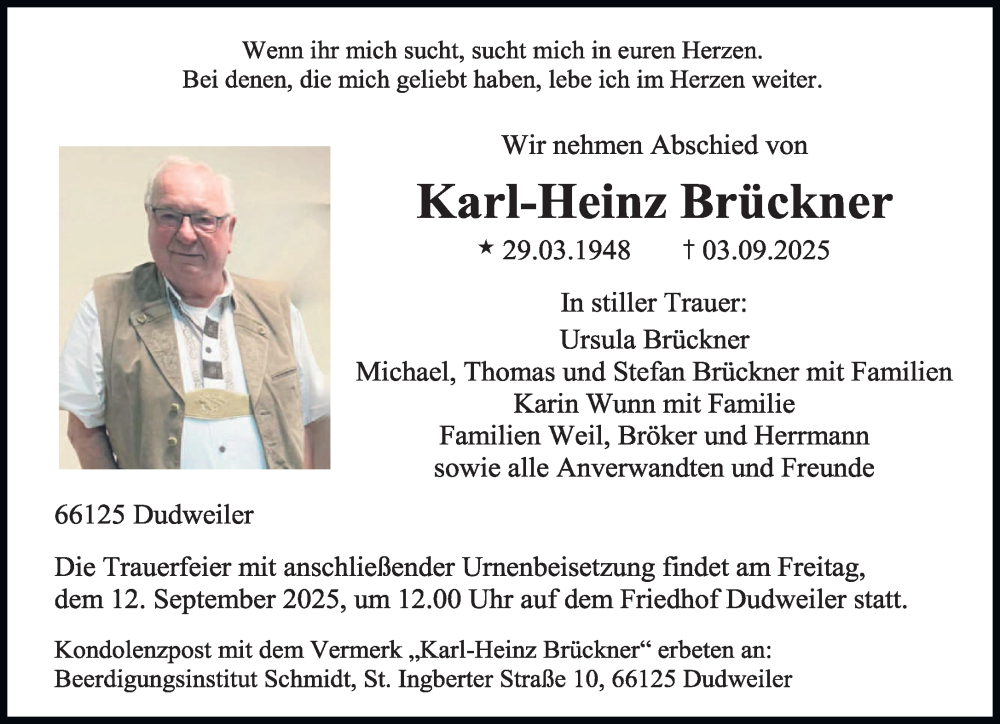  Traueranzeige für Karl-Heinz Brückner vom 06.09.2025 aus saarbruecker_zeitung
