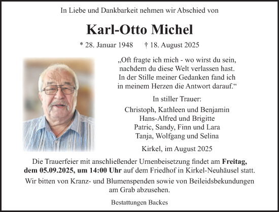 Traueranzeige von Karl-Otto Michel von saarbruecker_zeitung