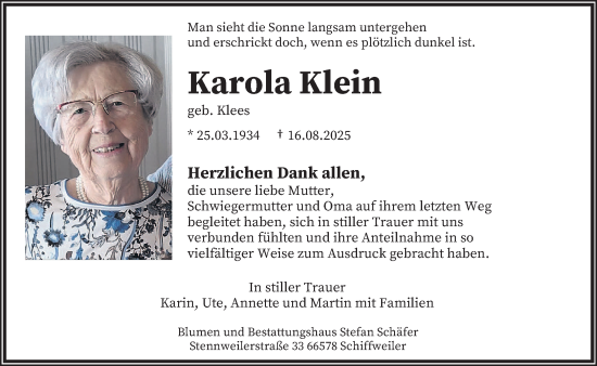 Traueranzeige von Karola Klein von saarbruecker_zeitung