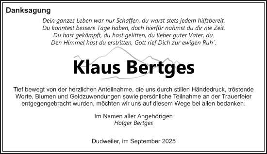 Traueranzeige von Klaus Bertges von saarbruecker_zeitung
