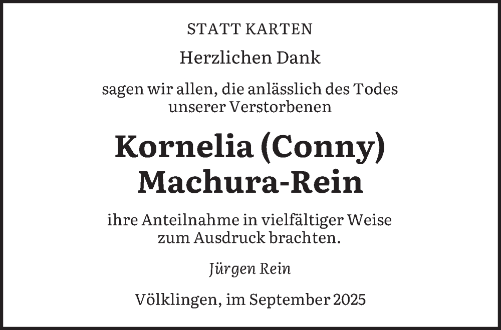  Traueranzeige für Kornelia Machura-Rein vom 20.09.2025 aus saarbruecker_zeitung