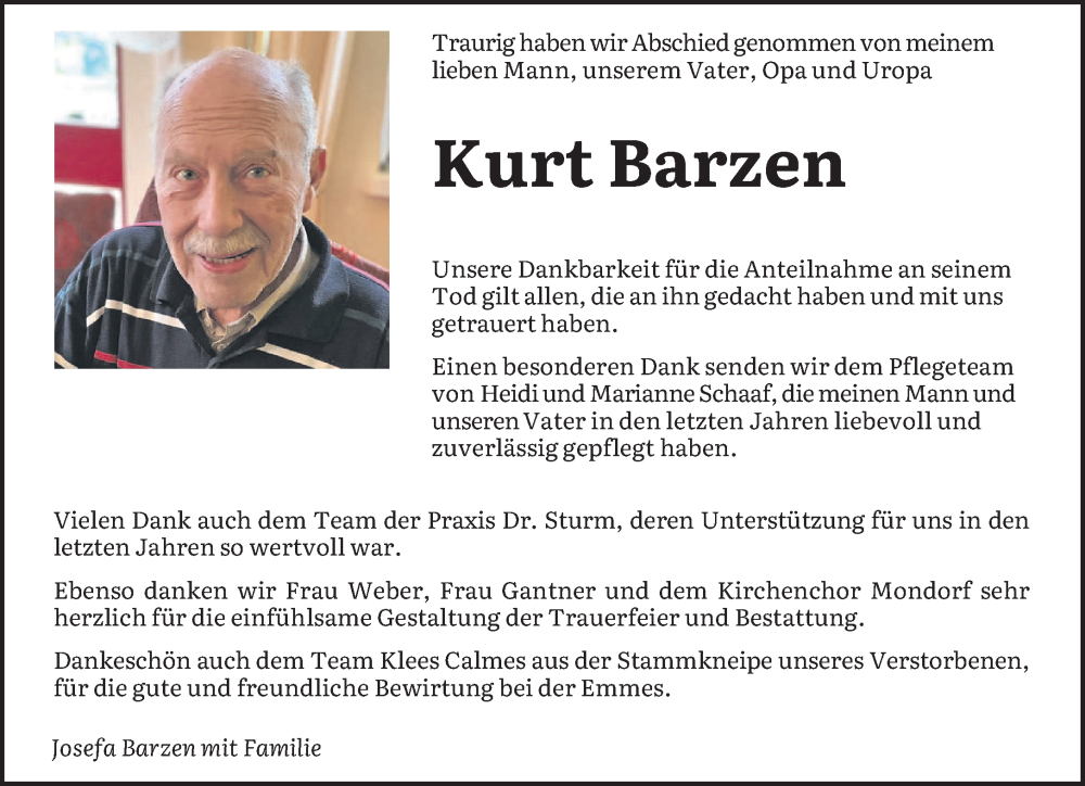 Traueranzeige für Kurt Barzen vom 24.09.2025 aus saarbruecker_zeitung