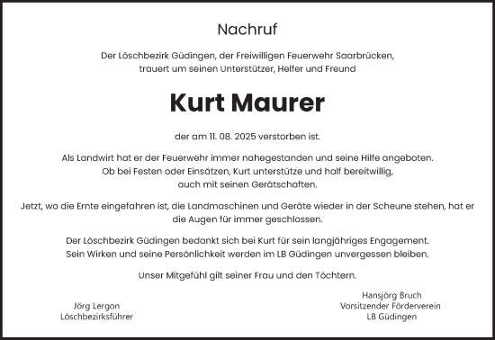 Traueranzeige von Kurt Maurer von saarbruecker_zeitung