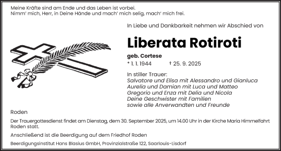 Traueranzeige von Liberata Rotiroti von saarbruecker_zeitung