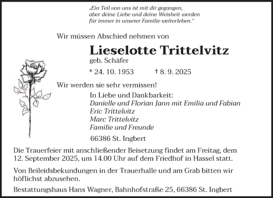 Traueranzeige von Lieselotte Trittelvitz von saarbruecker_zeitung
