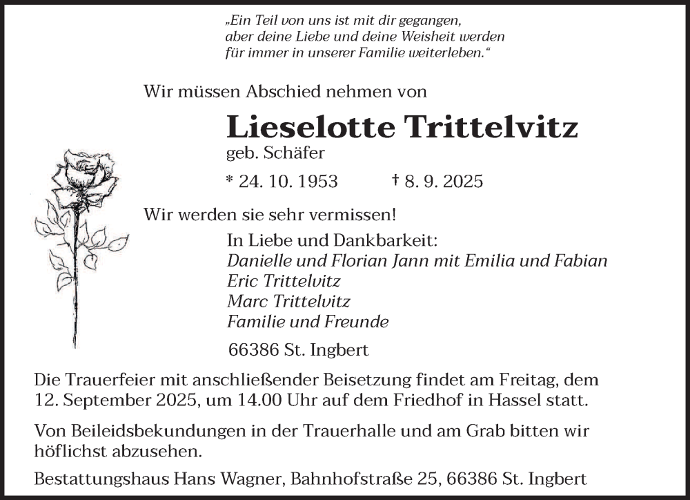  Traueranzeige für Lieselotte Trittelvitz vom 10.09.2025 aus saarbruecker_zeitung