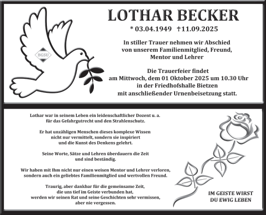 Traueranzeige von Lothar Becker von saarbruecker_zeitung