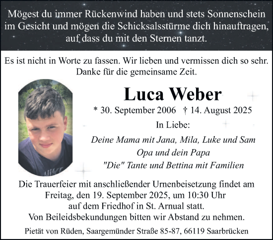 Traueranzeige von Luca Weber von saarbruecker_zeitung