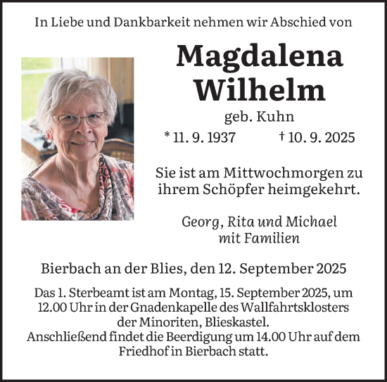 Traueranzeige von Magdalena Wilhelm von saarbruecker_zeitung