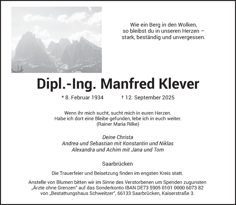  Traueranzeige für Manfred Klever vom 20.09.2025 aus saarbruecker_zeitung