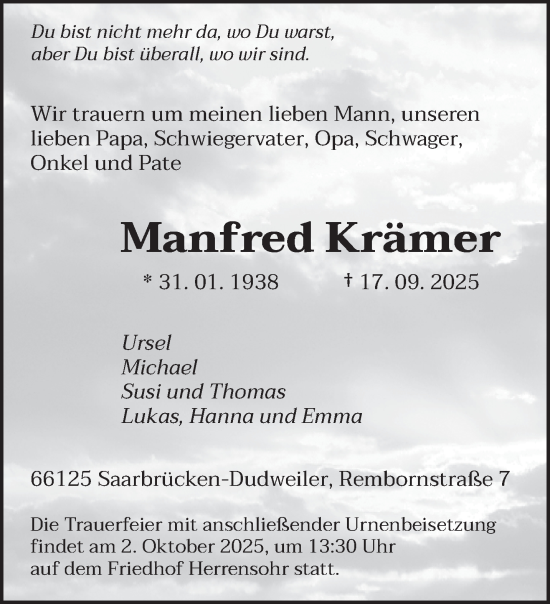Traueranzeige von Manfred Krämer von saarbruecker_zeitung