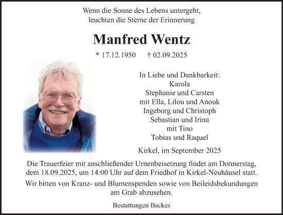 Traueranzeige von Manfred Wentz von saarbruecker_zeitung