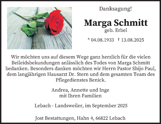 Traueranzeige von Marga Schmitt von saarbruecker_zeitung