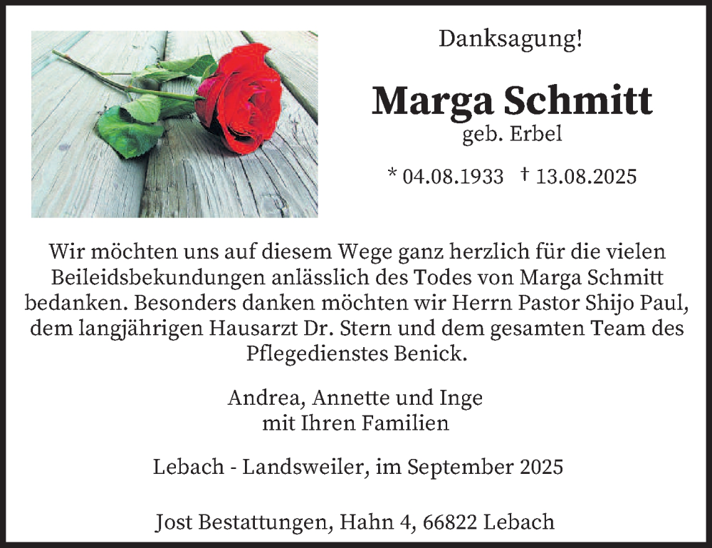  Traueranzeige für Marga Schmitt vom 06.09.2025 aus saarbruecker_zeitung