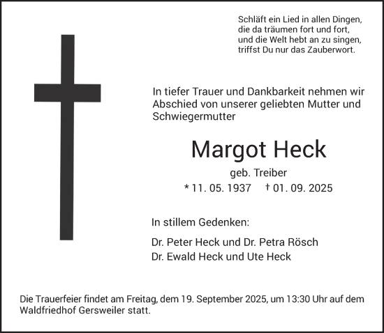 Traueranzeige von Margot Heck von saarbruecker_zeitung