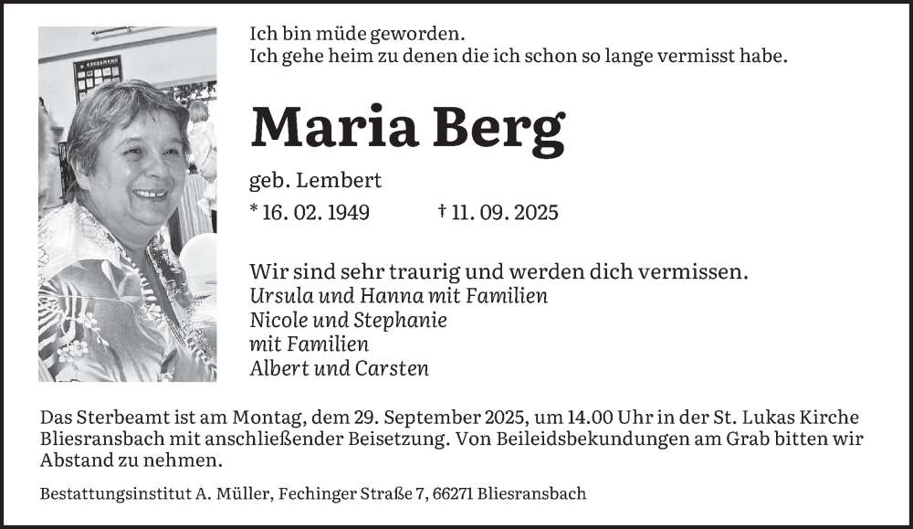  Traueranzeige für Maria Berg vom 27.09.2025 aus saarbruecker_zeitung