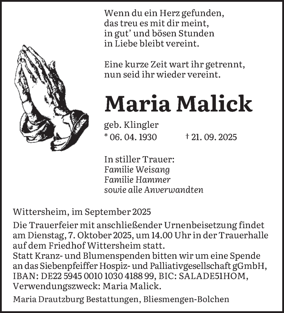  Traueranzeige für Maria Malick vom 27.09.2025 aus saarbruecker_zeitung