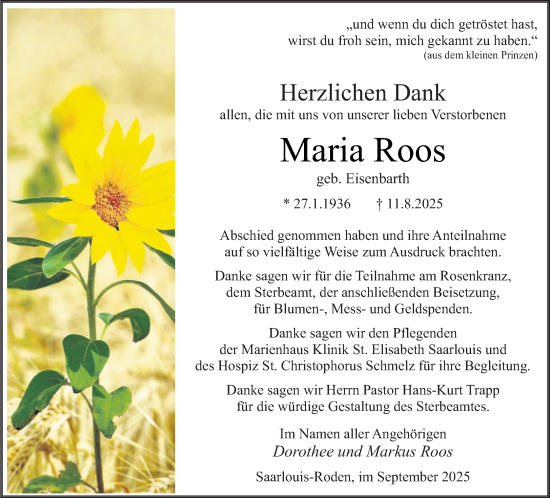 Traueranzeige von Maria Roos von saarbruecker_zeitung