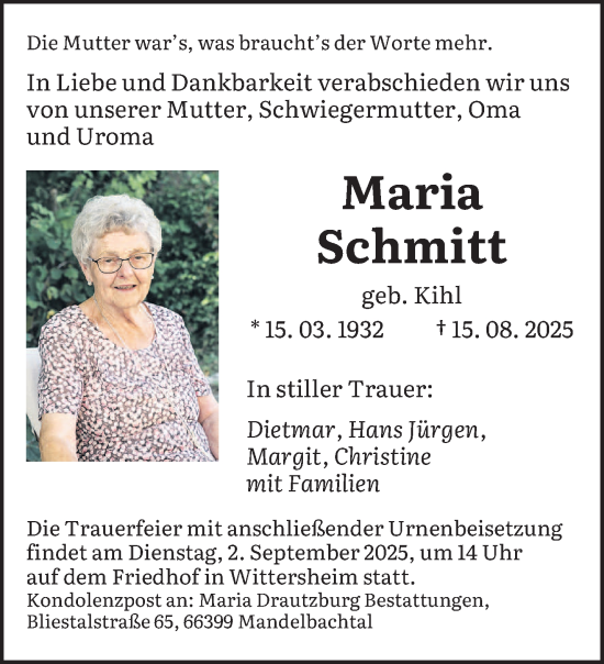 Traueranzeige von Maria Schmitt von saarbruecker_zeitung