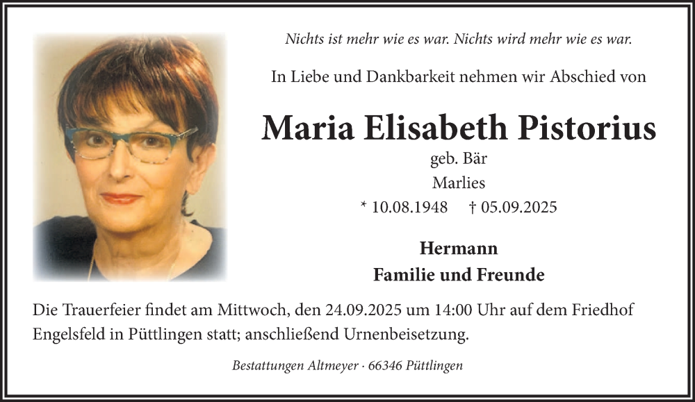  Traueranzeige für Maria Elisabeth Pistorius vom 18.09.2025 aus saarbruecker_zeitung