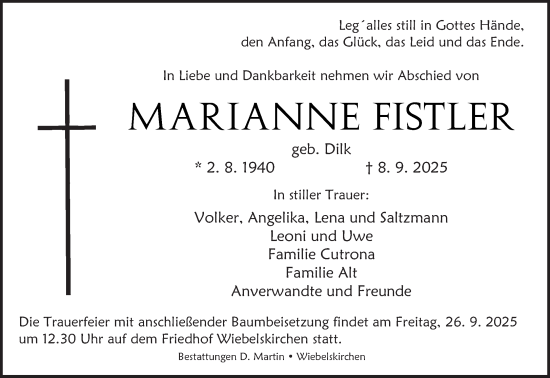 Traueranzeige von Marianne Fistler von saarbruecker_zeitung