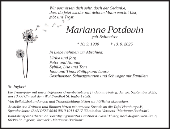 Traueranzeige von Marianne Potdevin von saarbruecker_zeitung