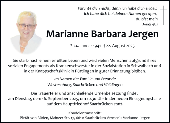 Traueranzeige von Marianne Barbara Jergen von saarbruecker_zeitung